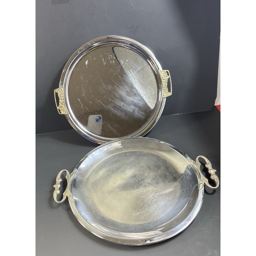 Kromex Chrome Serving Platter Trays Mid-Century Modern Atomic Vintage Lot of 2